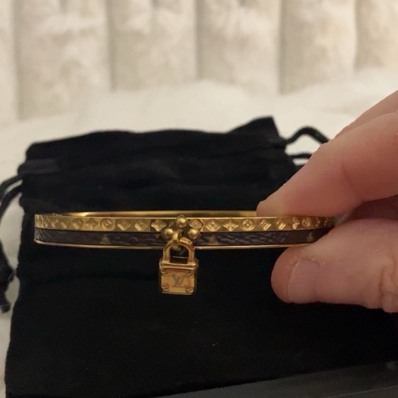 Gold toned and Brown Bangle Bracelet with Lock Charm - Picture 3 of 7